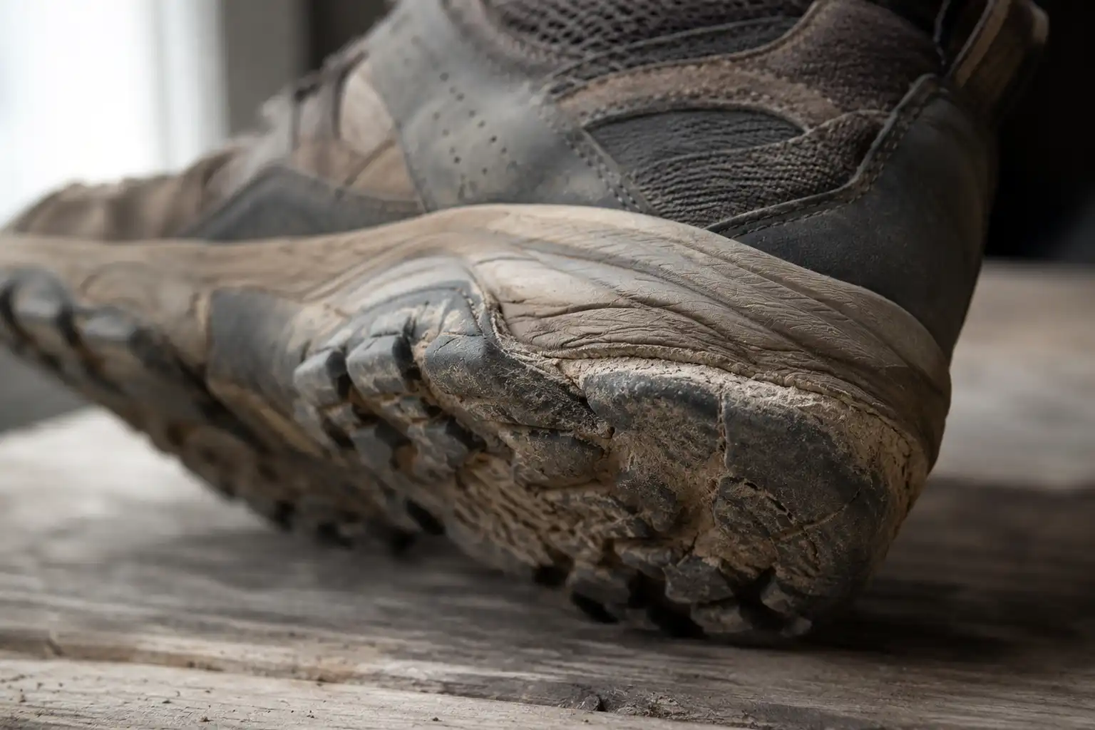 Close-up of a hiking shoe about rounded worn lugs on the outsole and a visibly compressed midsole from running mileage