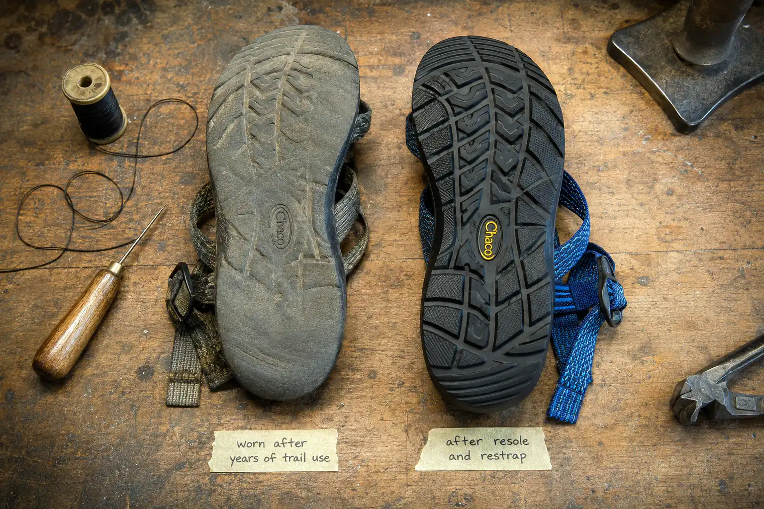 Side by side view of a Chaco sandal with smooth worn out lugs next to the same model after a resole and new webbing straps