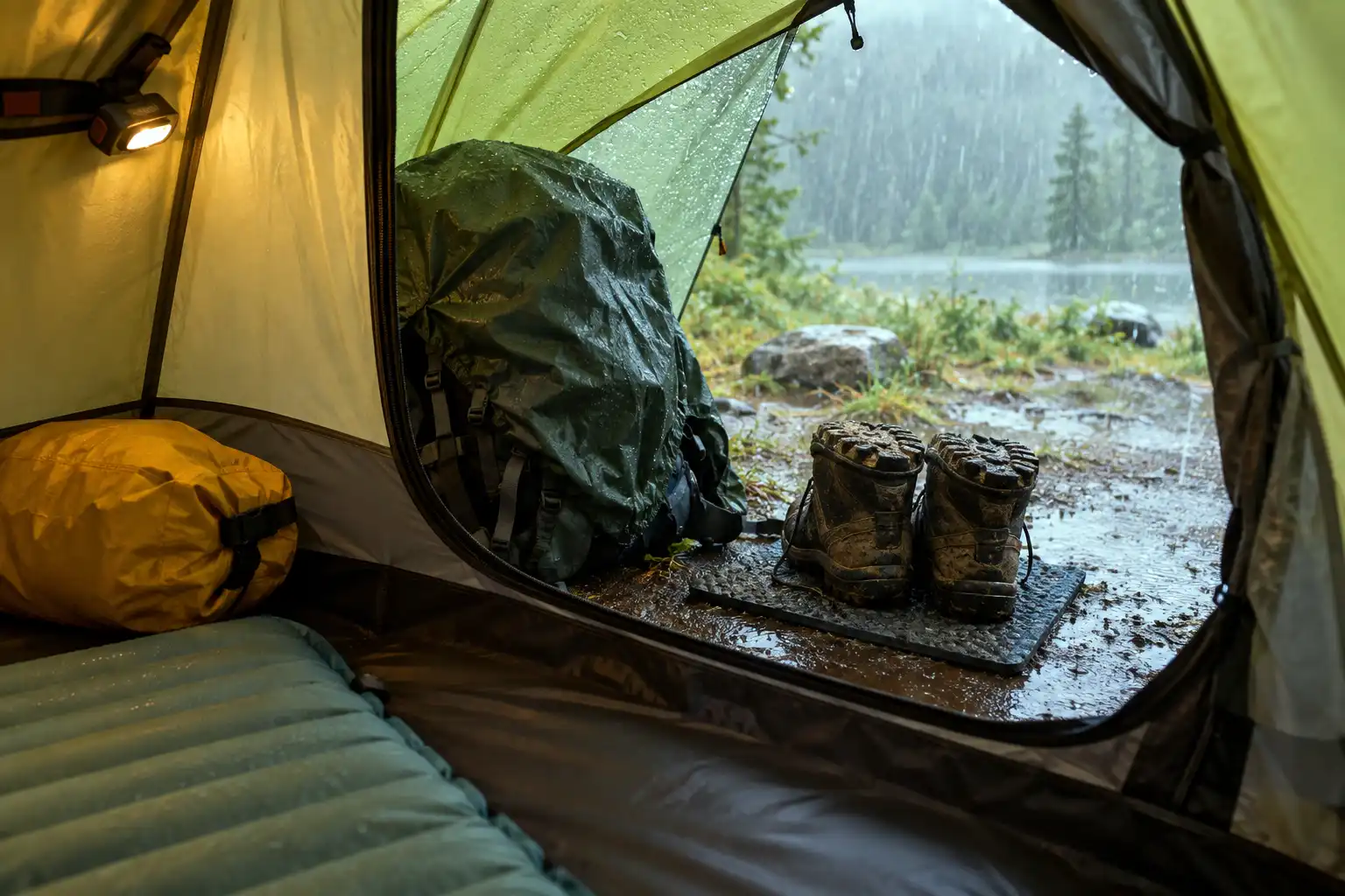 Muddy hiking boots and a rain-covered backpack stored in a tent vestibule with a dry sleeping pad visible inside the inner tent