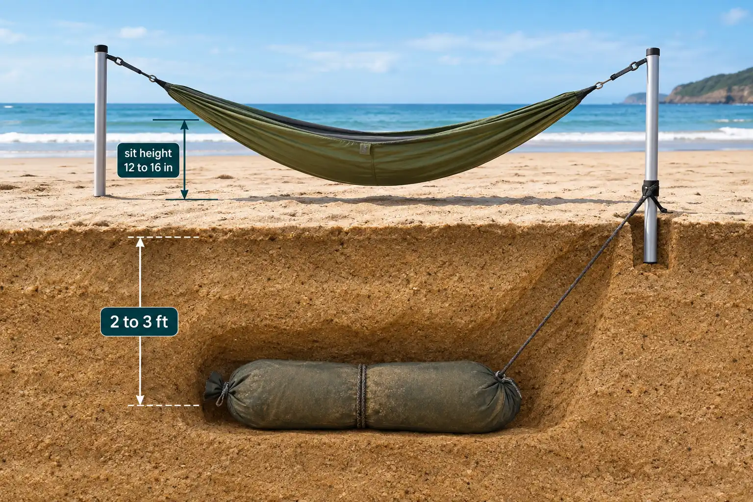 Cutaway view of a stuff sack buried horizontally in sand with the hammock line running up to the surface and over to a support pole
