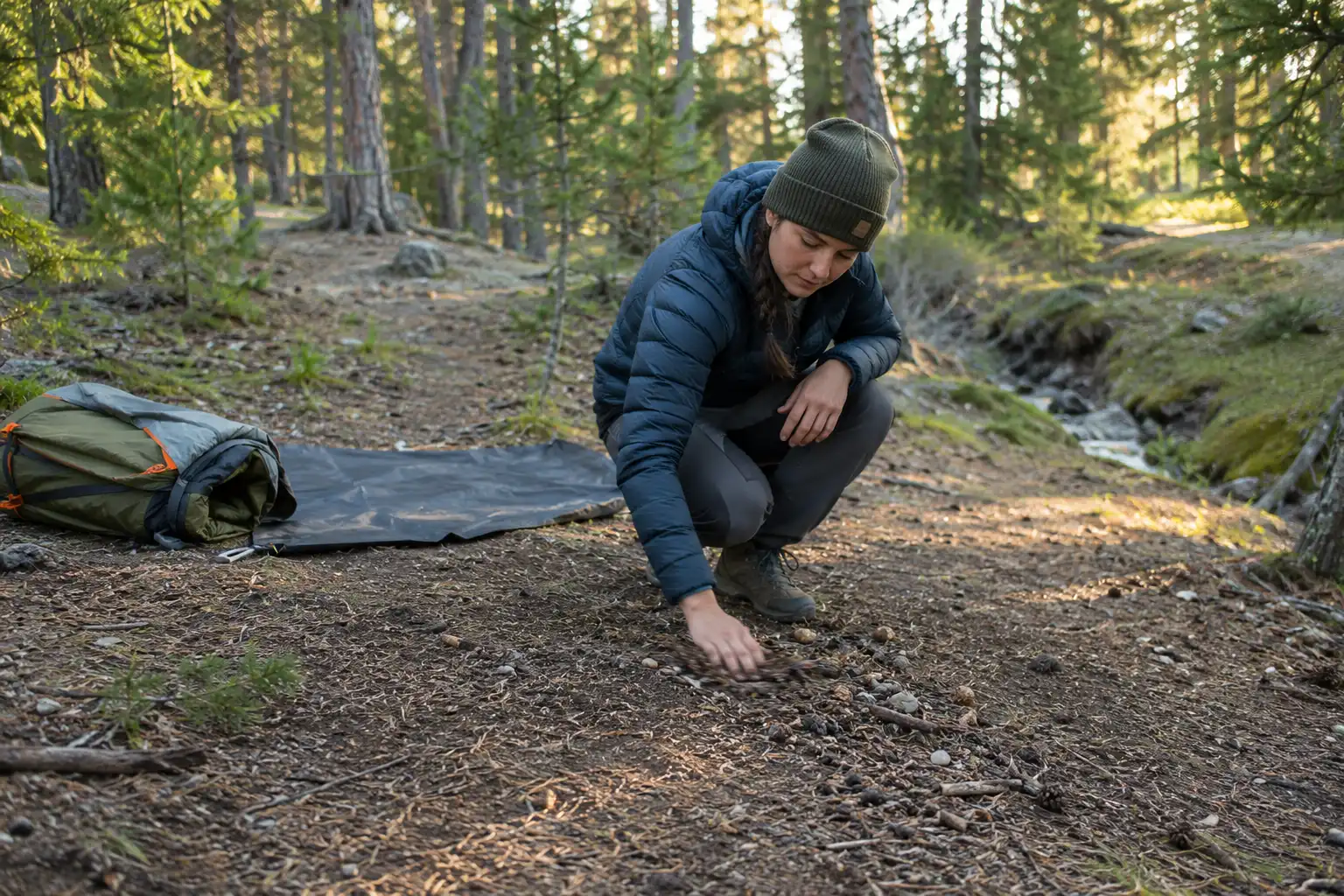 Camper crouching to pick small rocks and twigs off a flat patch of forest floor where a tent will be set up