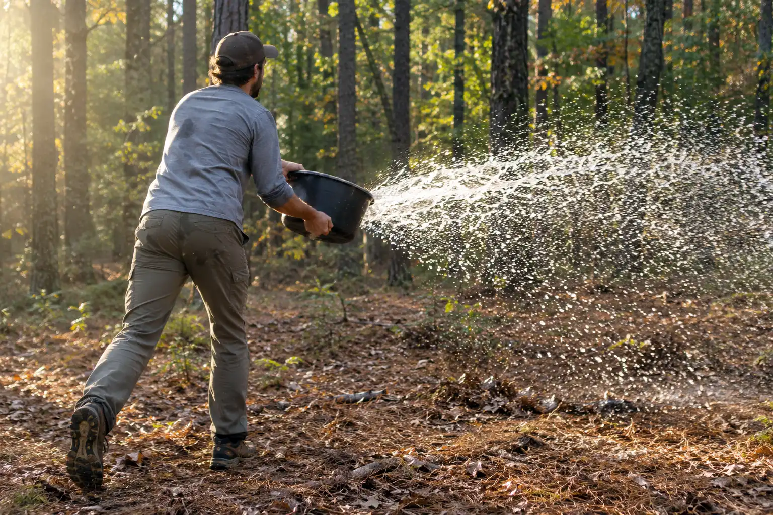 Camper scattering strained dishwater in a wide arc across leaf litter well away from camp