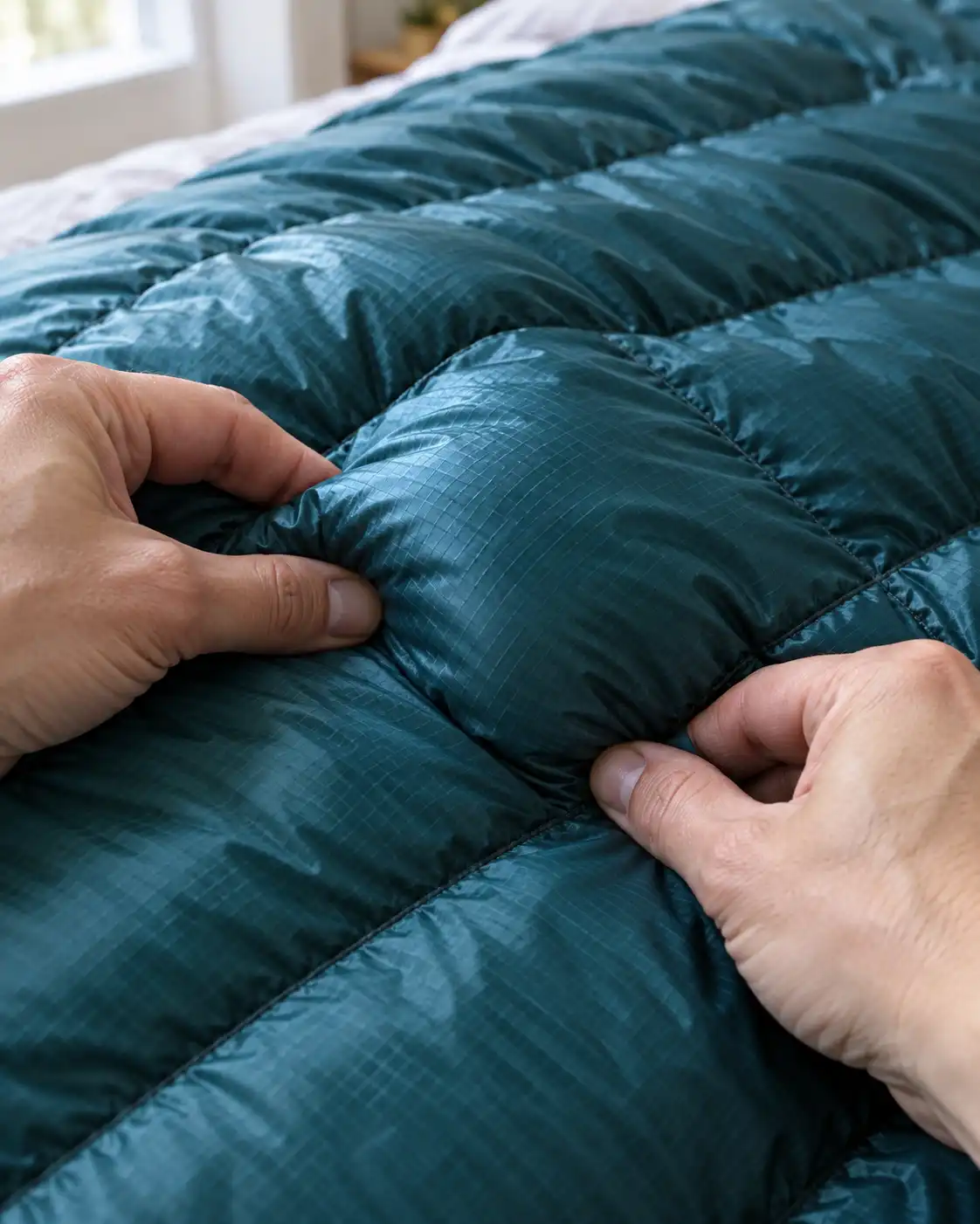 Close up of a camper pinching and separating a lump of matted synthetic insulation through the nylon shell of a sleeping bag