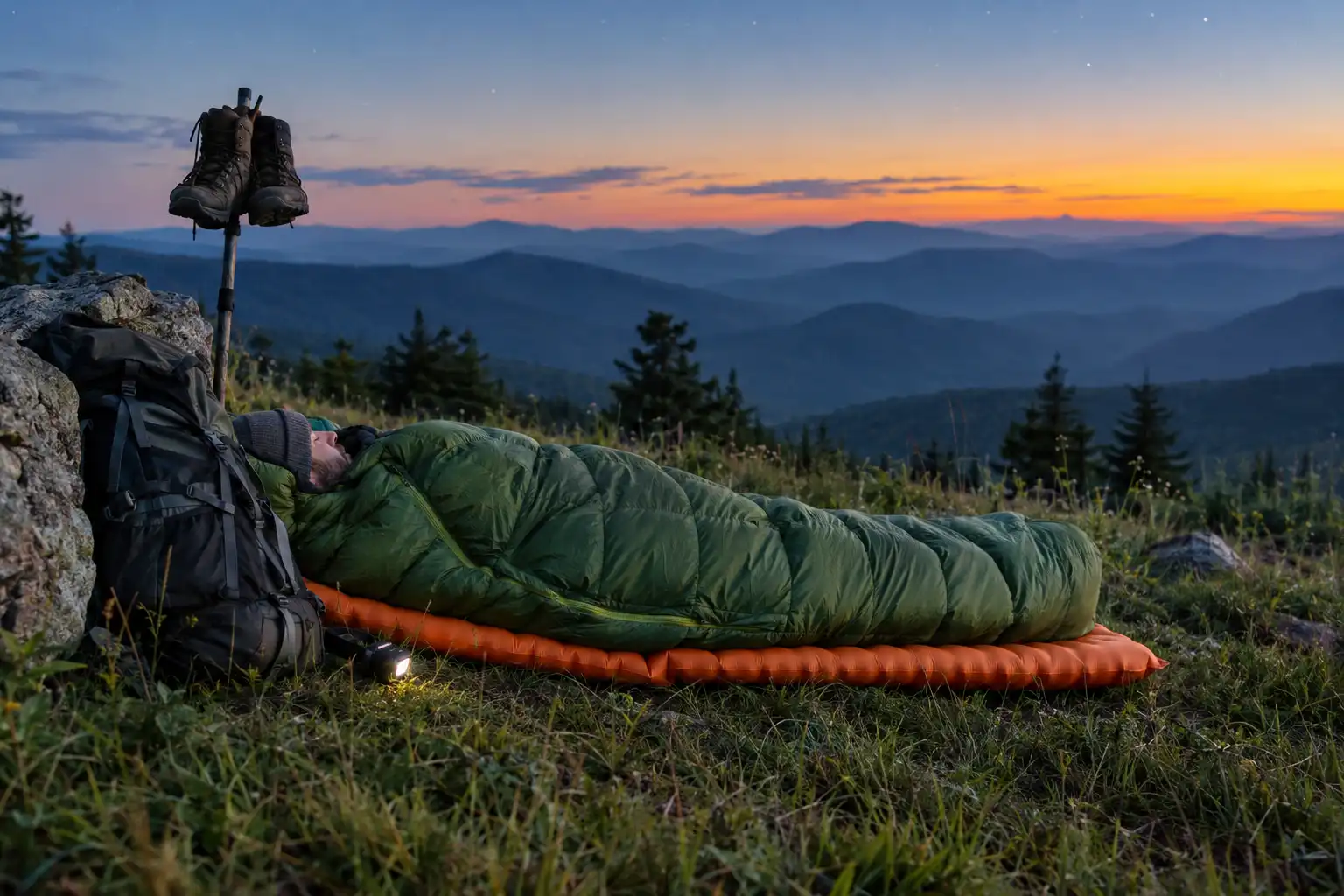Hiker in a sleeping bag on an inflatable pad on open ground at dusk with a backpack and boots beside him
