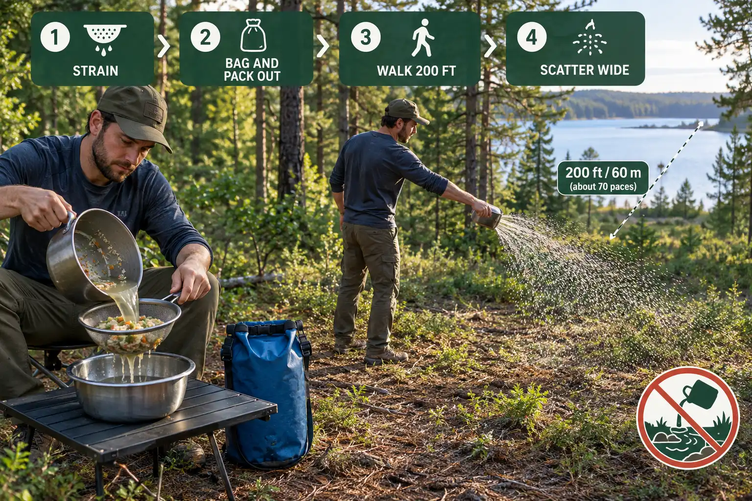 Camper strains camp dishwater through a mesh strainer, then scatters the strained water on soil 200 feet away from a lake