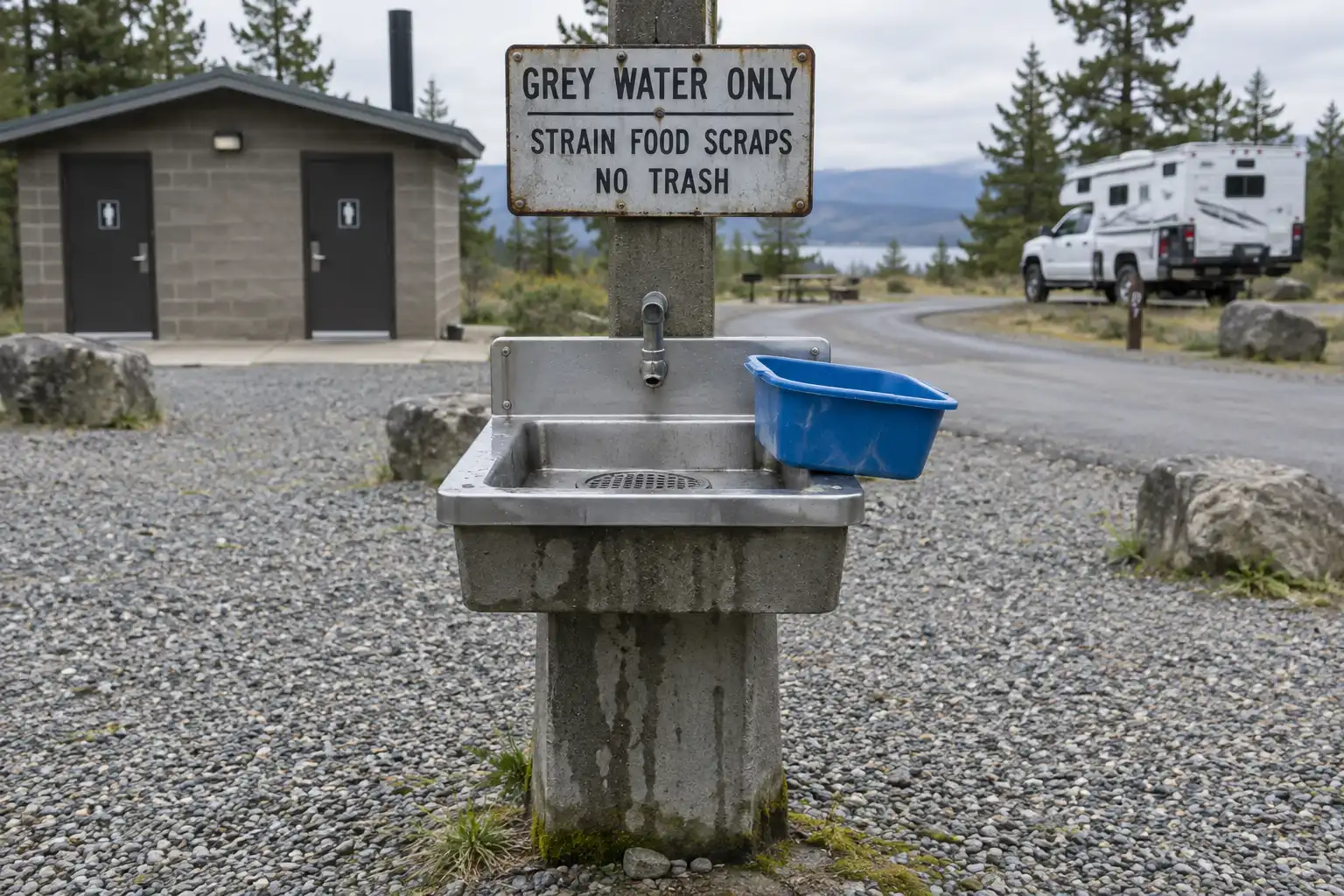 Concrete grey water disposal sink at a campground with a posted sign limiting it to strained wash water