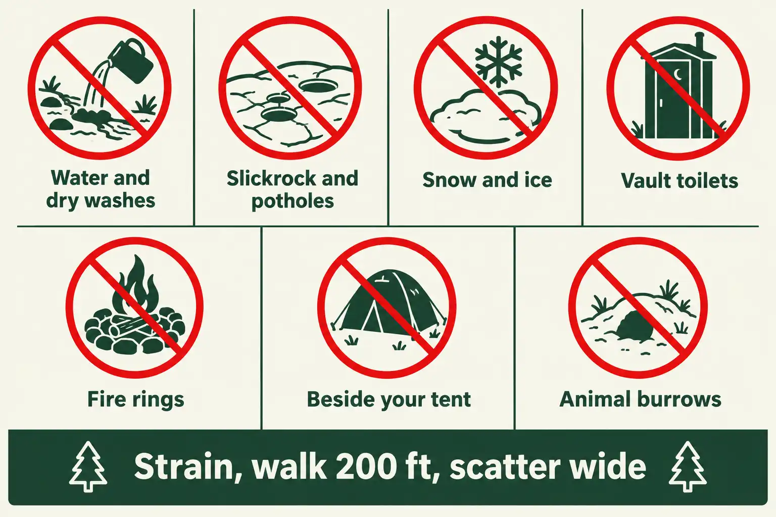 Chart marking streams, bare rock, snow, vault toilets, fire rings, tent areas, and animal burrows as places grey water must not go