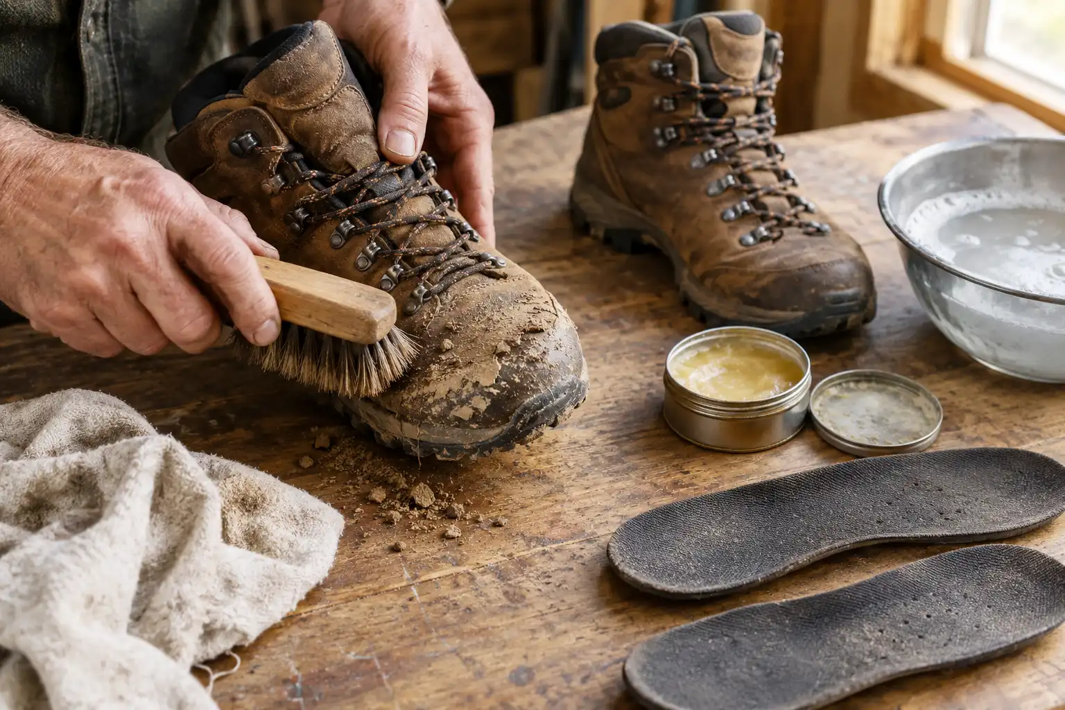 Hiker brushing dried mud from a nubuck hiking boot beside a cloth and leather conditioner on a workbench