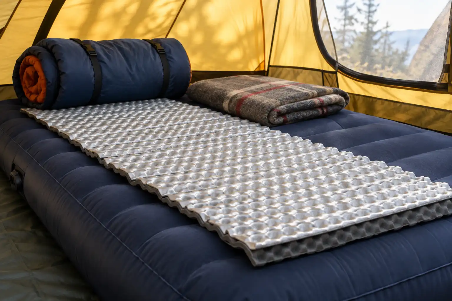 Silver closed cell foam pad spread over an inflated air mattress inside a tent with a sleeping bag folded at the foot