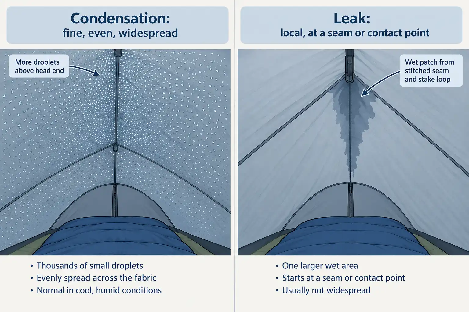 Infographic contrasting fine even droplets spread across a rainfly interior with a single wet patch spreading from a seam
