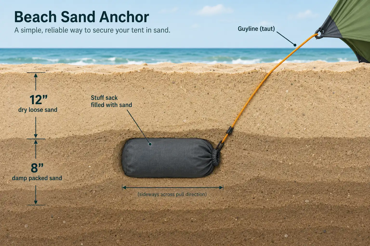 Cross section diagram of a sand filled stuff sack buried 12 inches deep with its cord angled up to a tent guyline