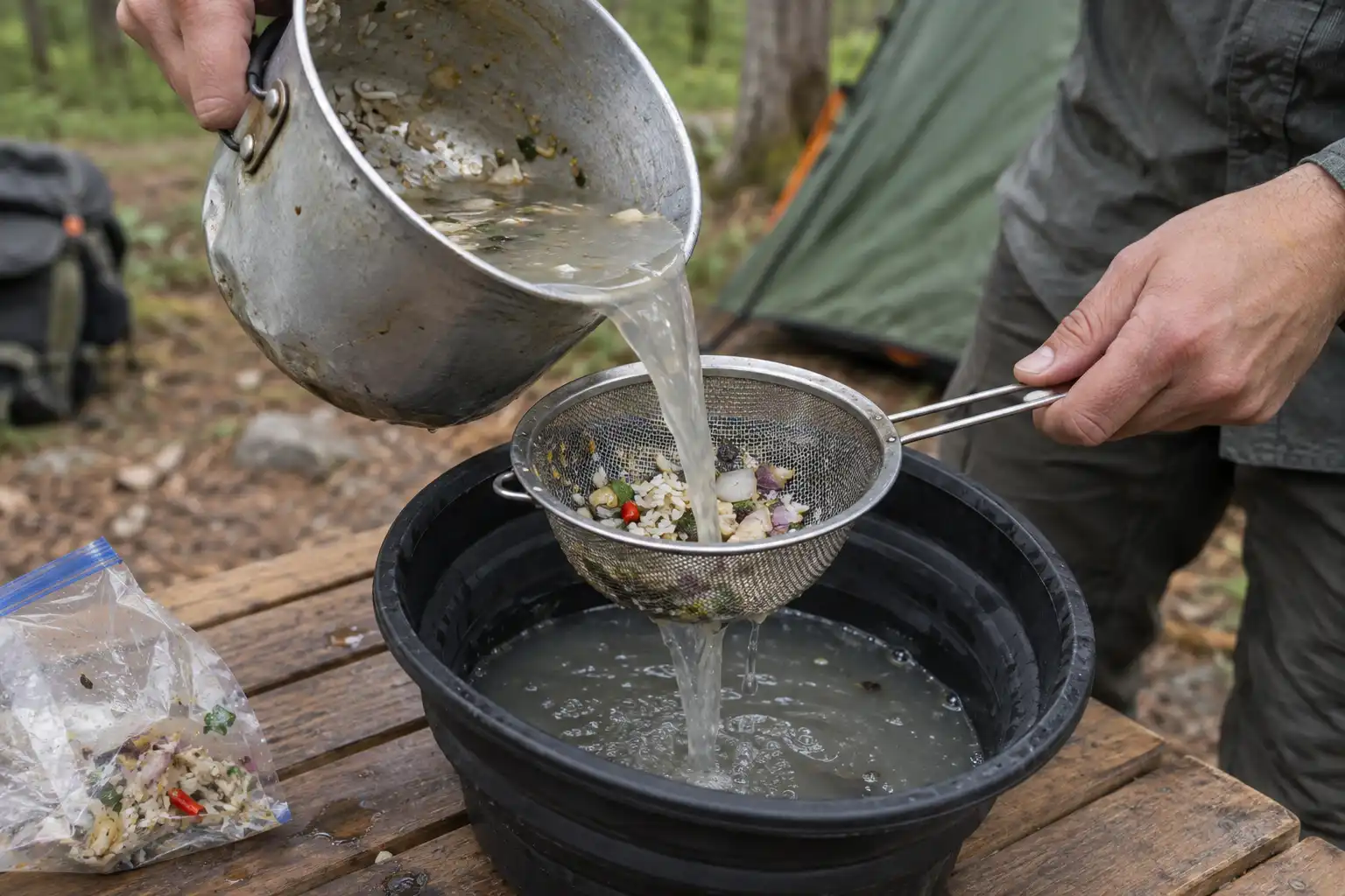 Camper pouring greasy camp dishwater through a fine mesh strainer into a clean collapsible basin