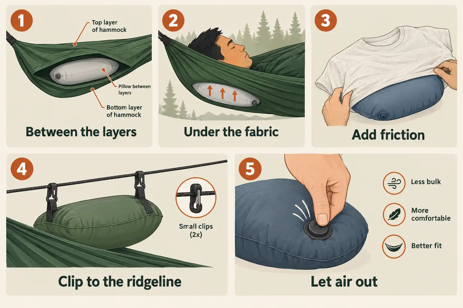 Five methods for keeping a pillow in place in a hammock, from sliding it between double layers to clipping it to the ridgeline