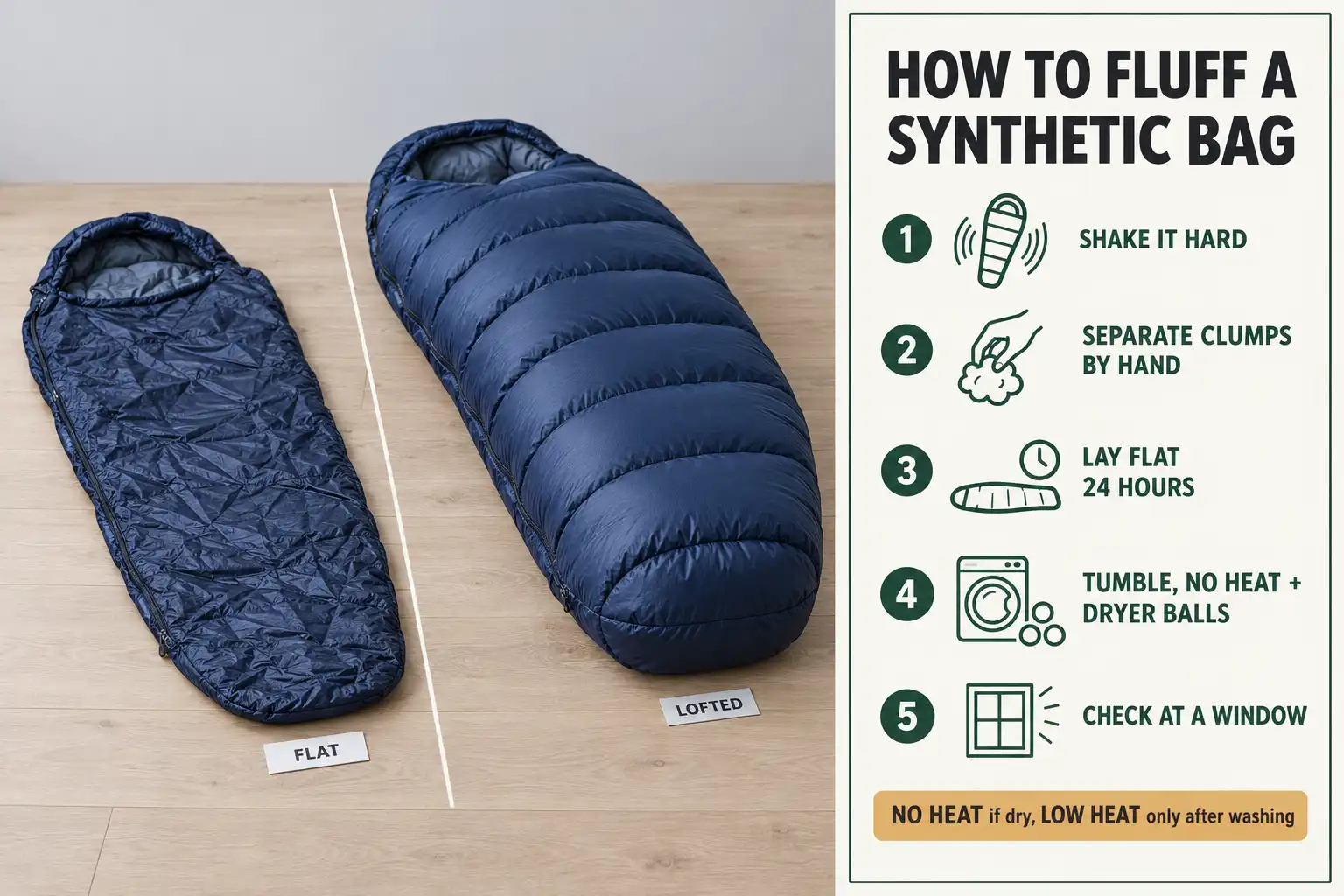 Side by side comparison of a flattened synthetic sleeping bag and the same bag fully lofted, with the five fluffing steps labeled