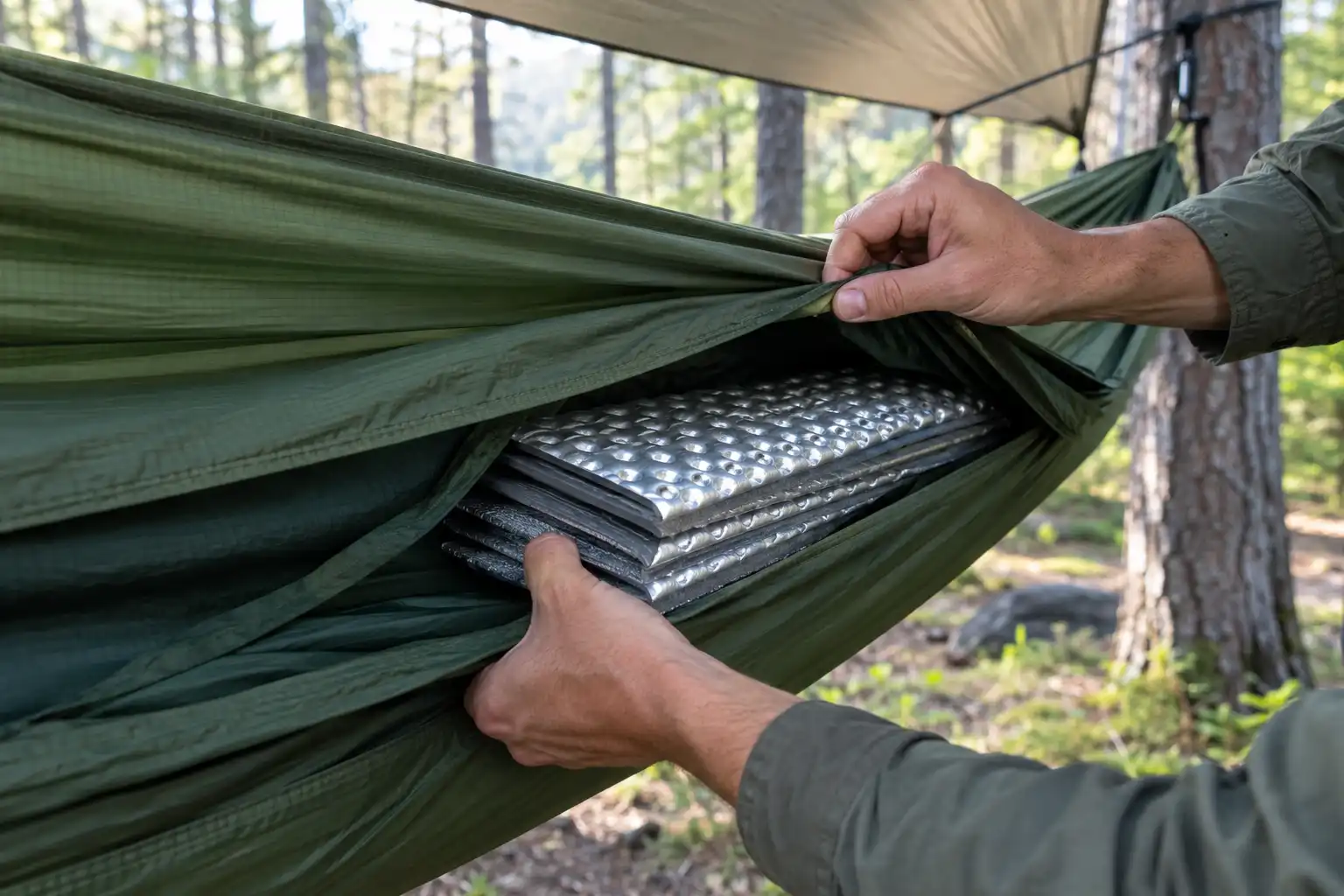 Camper sliding a closed cell foam sleeping pad between the two fabric layers of a double layer camping hammock