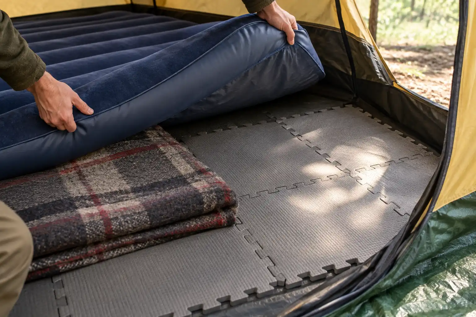 Interlocking foam tiles and a folded wool blanket covering a tent floor beneath a partly lifted air mattress