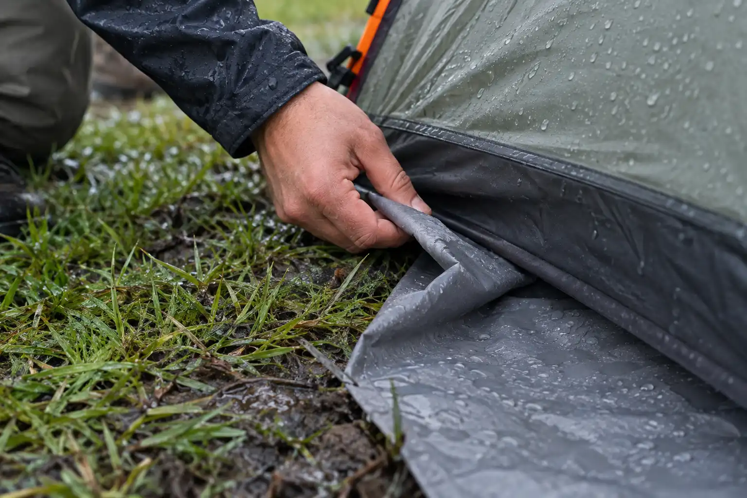 Camper tucking the exposed edge of a groundsheet under the corner of a tent floor on rain soaked grass