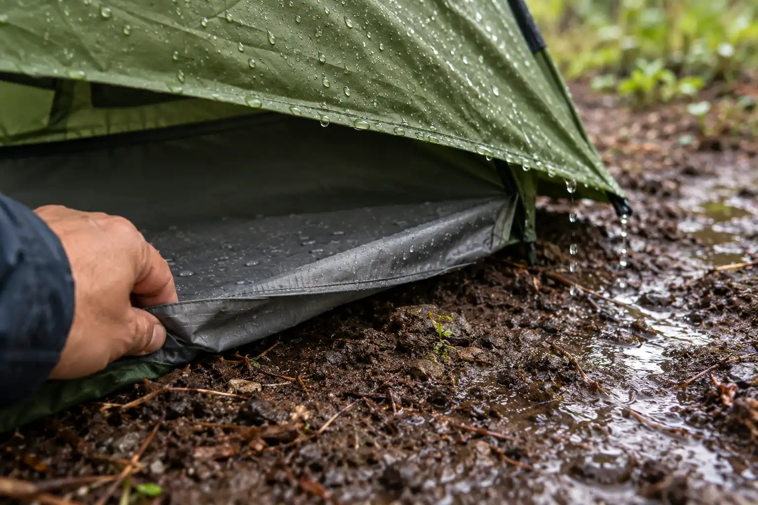 Close-up of a gray tent footprint tucked just inside the tent floor edge while rain runs off the fly onto the ground