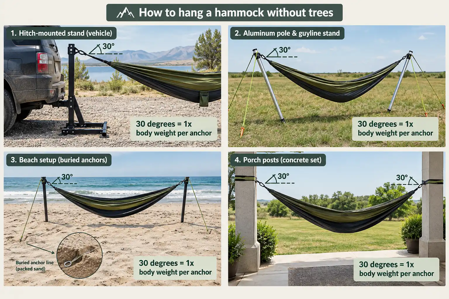 Four no tree hammock setups shown side by side, hanging from a vehicle hitch, a pole stand, buried sand anchors, and concrete posts, each labeled with the 30 degree hang angle and one body weight of force per anchor