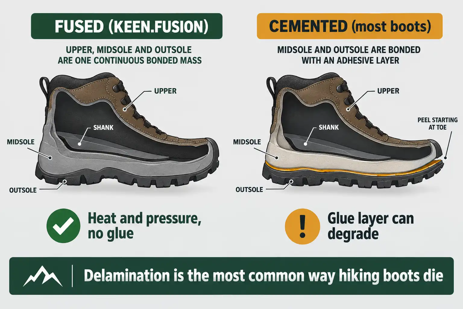 Cross section diagram showing a heat fused sole bond beside a glued sole bond that has begun peeling apart