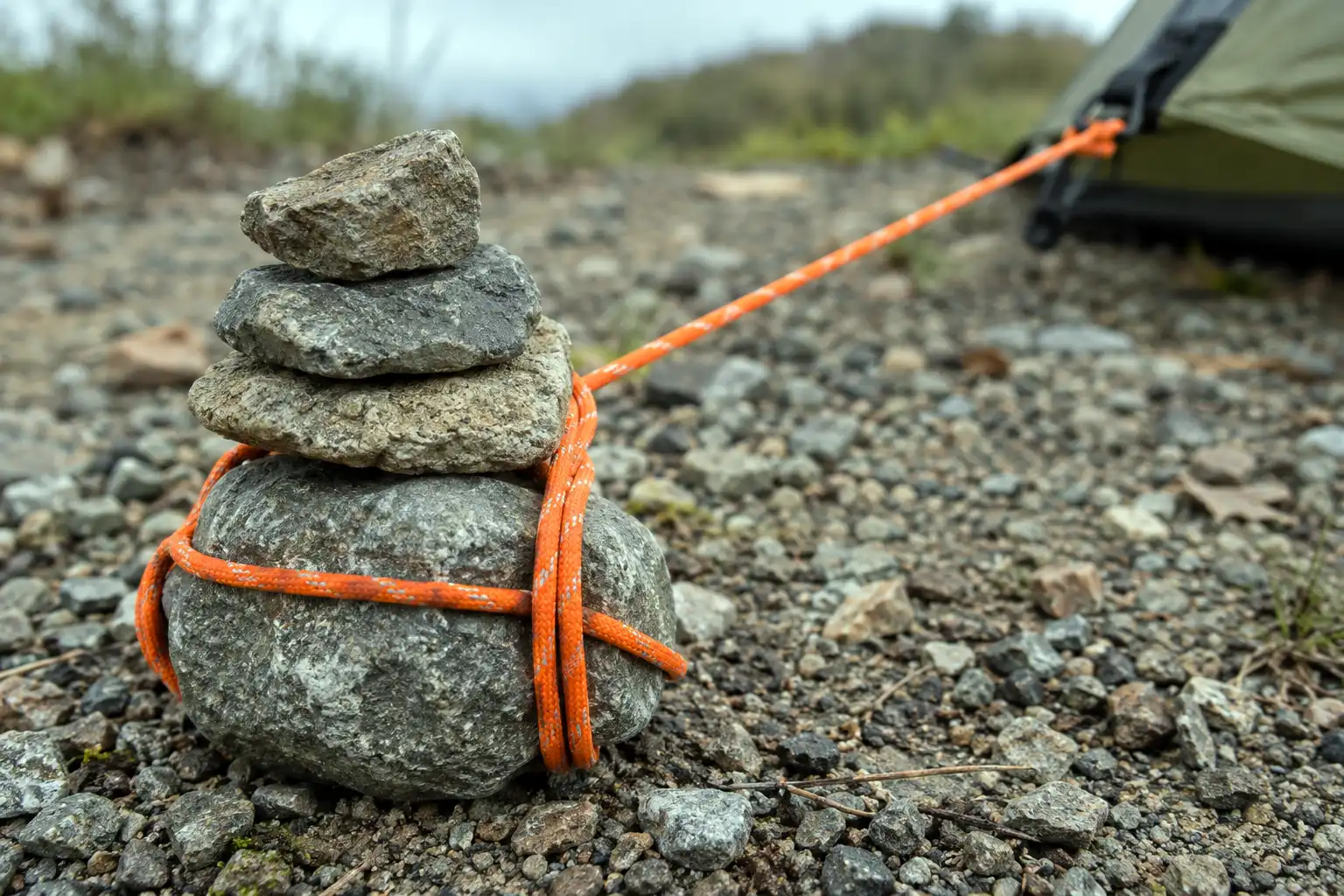 Close up of a tent guyline wrapped around a large rock with three smaller rocks stacked over it on gravel ground