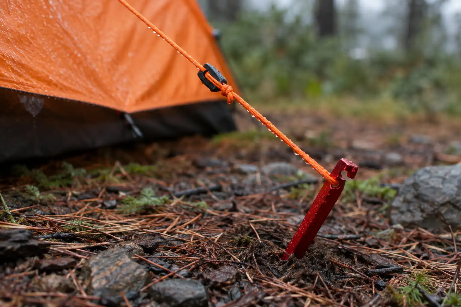 Tensioned orange guyline running to an aluminum stake driven into soil at a forty five degree angle leaning away from the tent