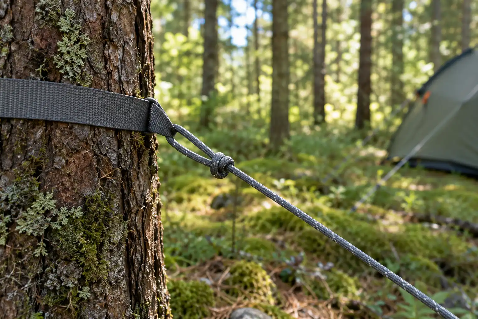 Tent guyline tied to a pine trunk with a wide webbing strap between the cord and the bark