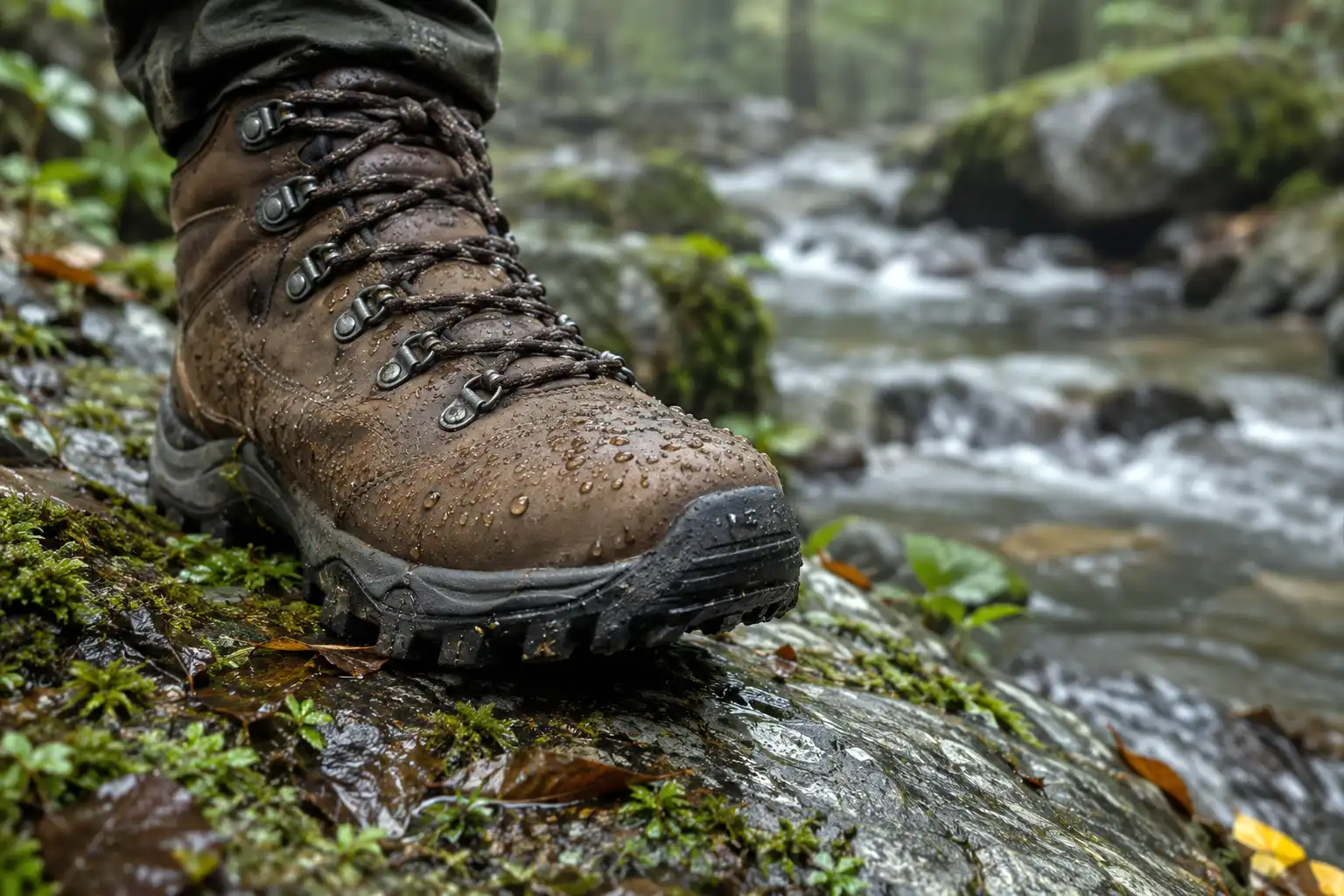 Close up of a leather hiking boot stepping onto a wet mossy rock with water droplets sitting on the upper