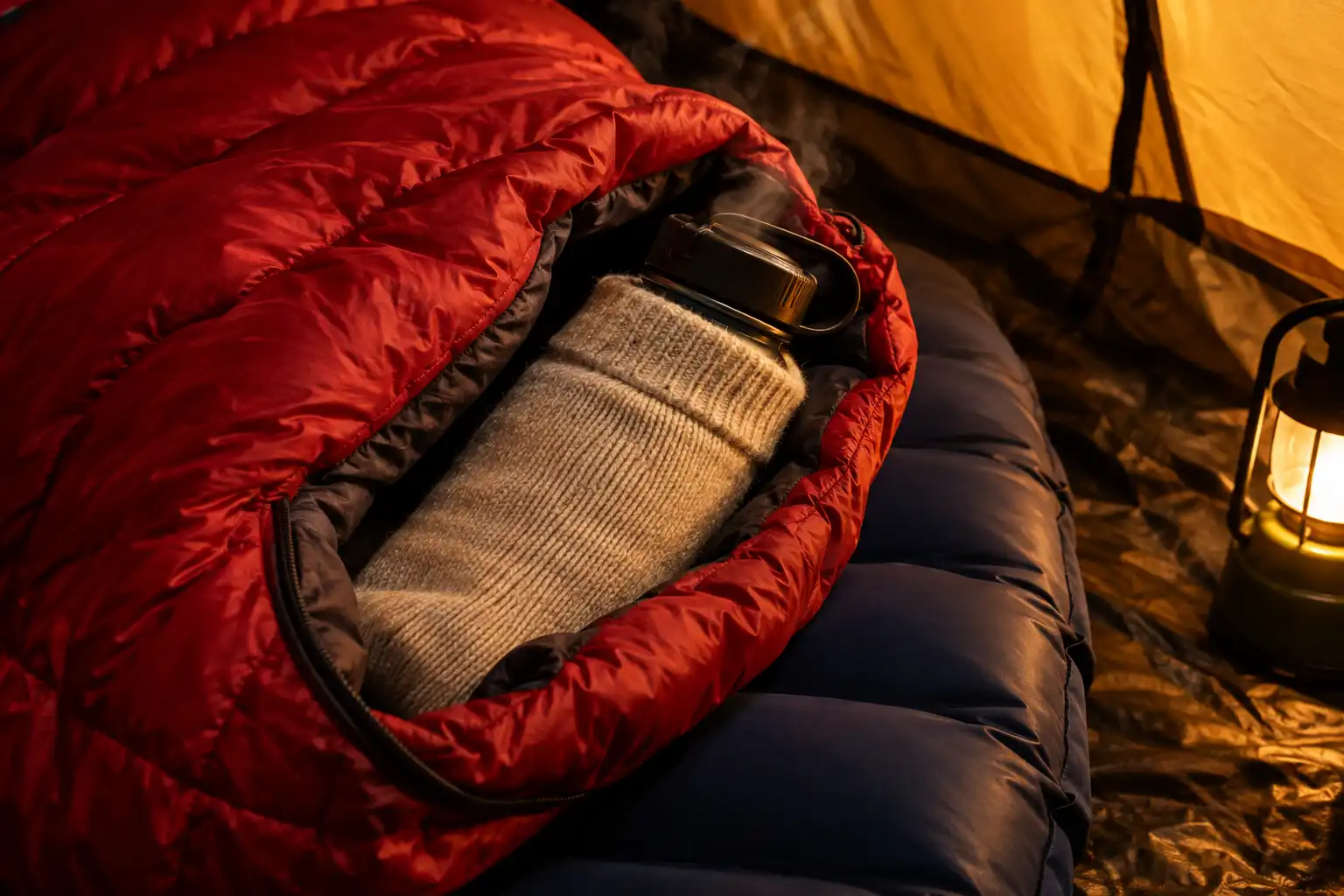 Hard sided water bottle wrapped in a thick wool sock tucked into the foot of a sleeping bag on an air mattress
