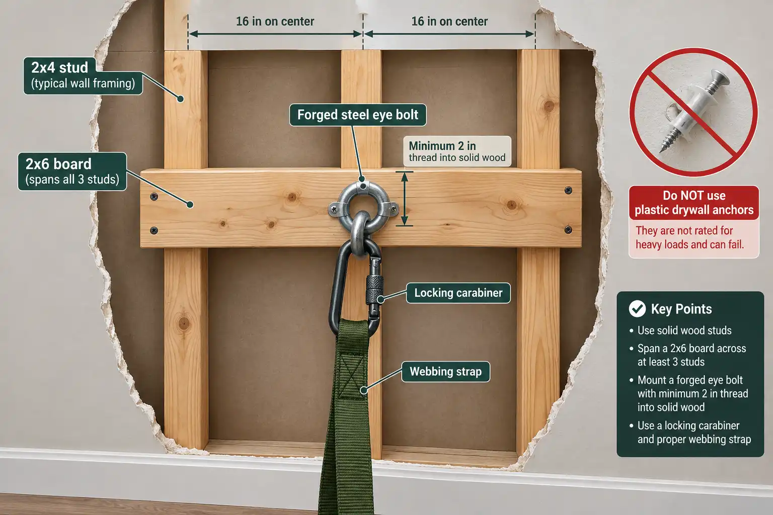Wall cutaway showing a 2x6 board screwed across three studs with a forged eye bolt in the center and a hammock strap clipped to it