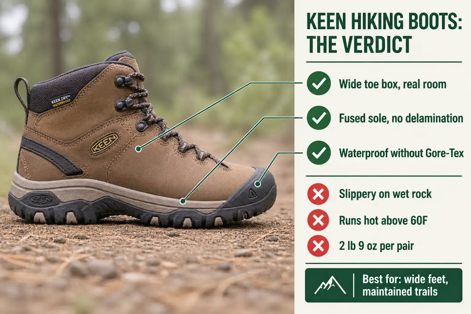 Brown nubuck mid hiking boot on a dirt trail with labels showing a wide toe box, fused sole and weak wet rock grip