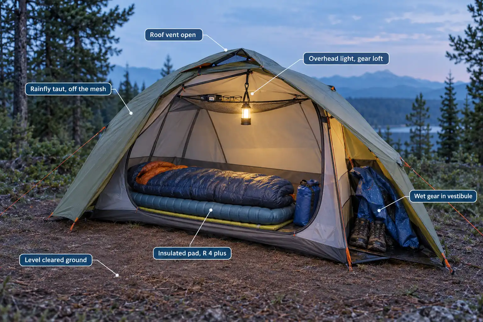 Cutaway view of a two person dome tent at dusk with labels marking the insulated sleeping pad, open roof vent, taut rainfly, boots stored in the vestibule, and a lantern hung from the ceiling