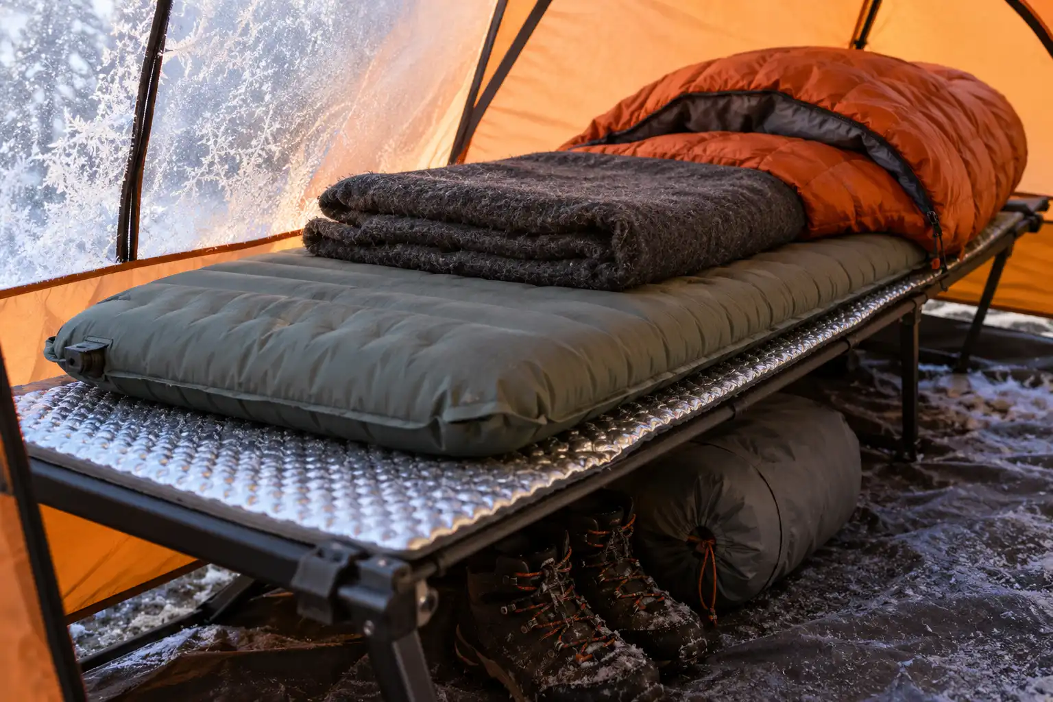 Camping cot inside a frosted tent layered with a closed cell foam pad, insulated air pad, folded wool blanket, and an open winter sleeping bag