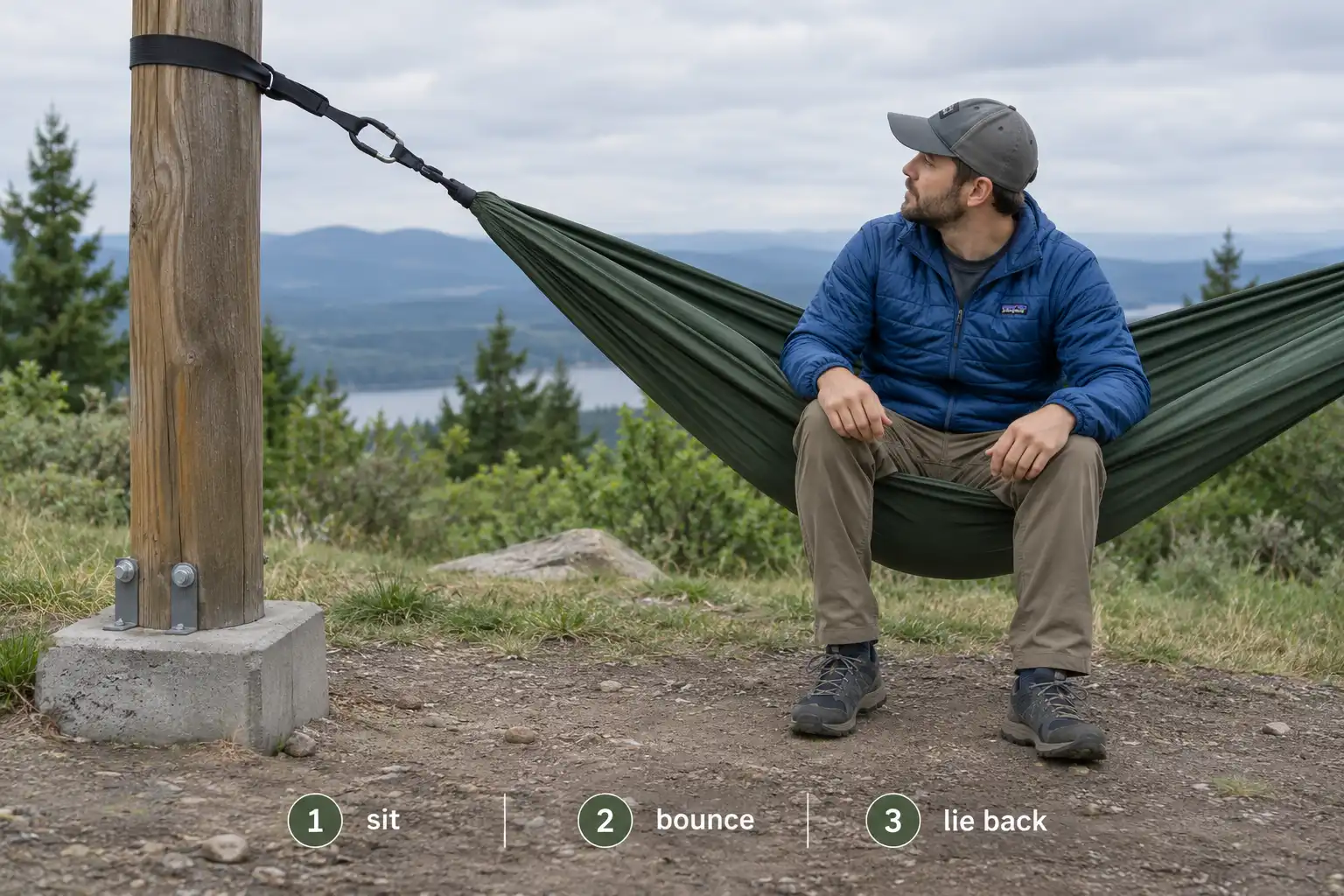 Camper sitting in a hammock with both feet flat on the ground while watching the strap and anchor post for any movement