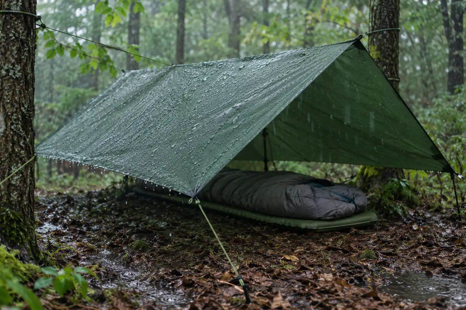 Green silnylon tarp pitched in an A frame shape over a sleeping pad and quilt with rain falling and guylines pulled tight