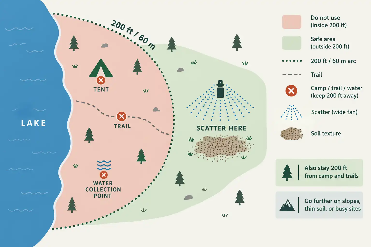 Overhead diagram showing a 200 foot buffer separating the lake, tent, trail, and the grey water scatter zone