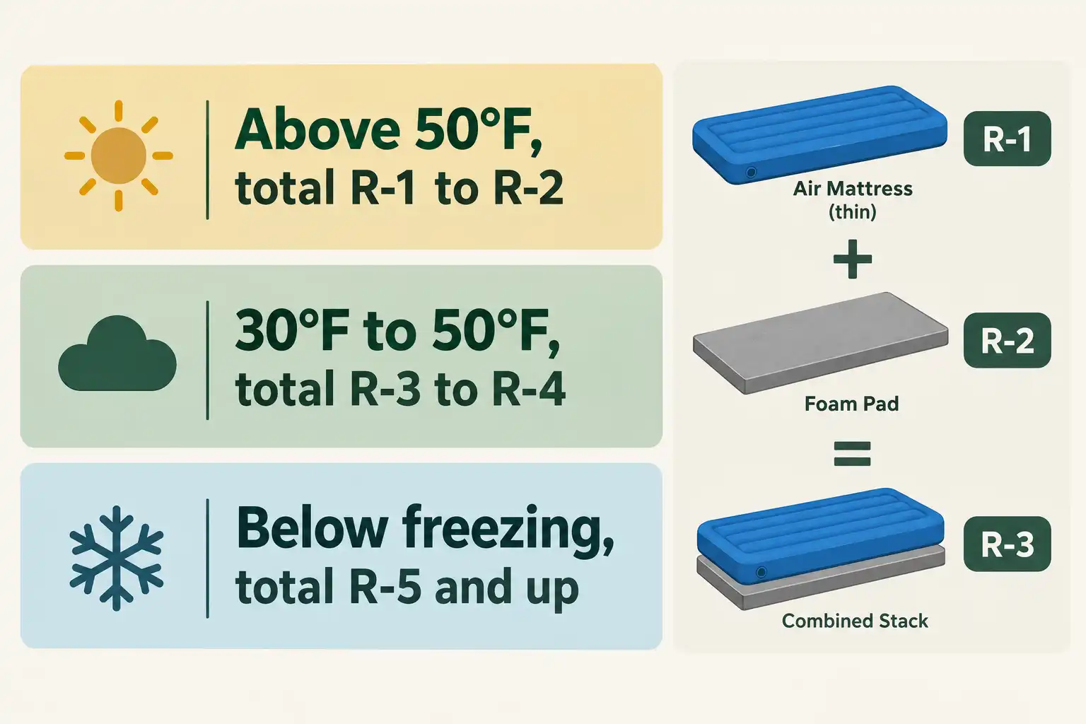 Chart about recommended total R-values of R-1 to R-2 for mild nights, R-3 to R-4 for cool nights, and R-5 or higher for freezing nights