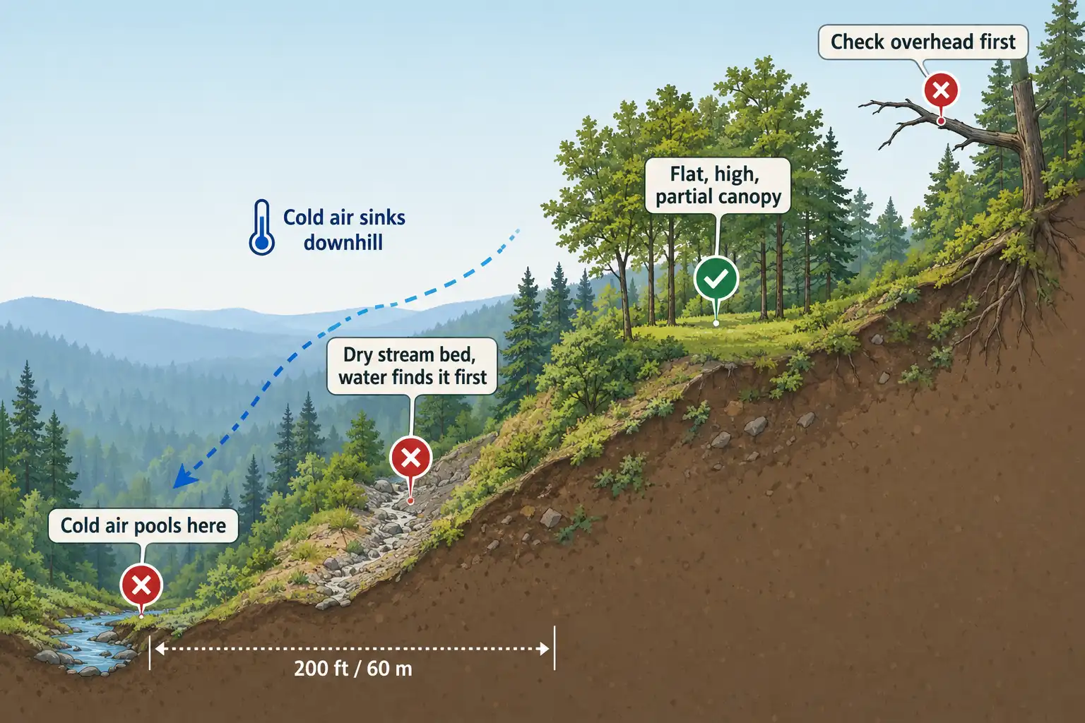Hillside cross section showing a safe flat bench above a cold valley floor with a dry stream bed and dead branches marked as hazards