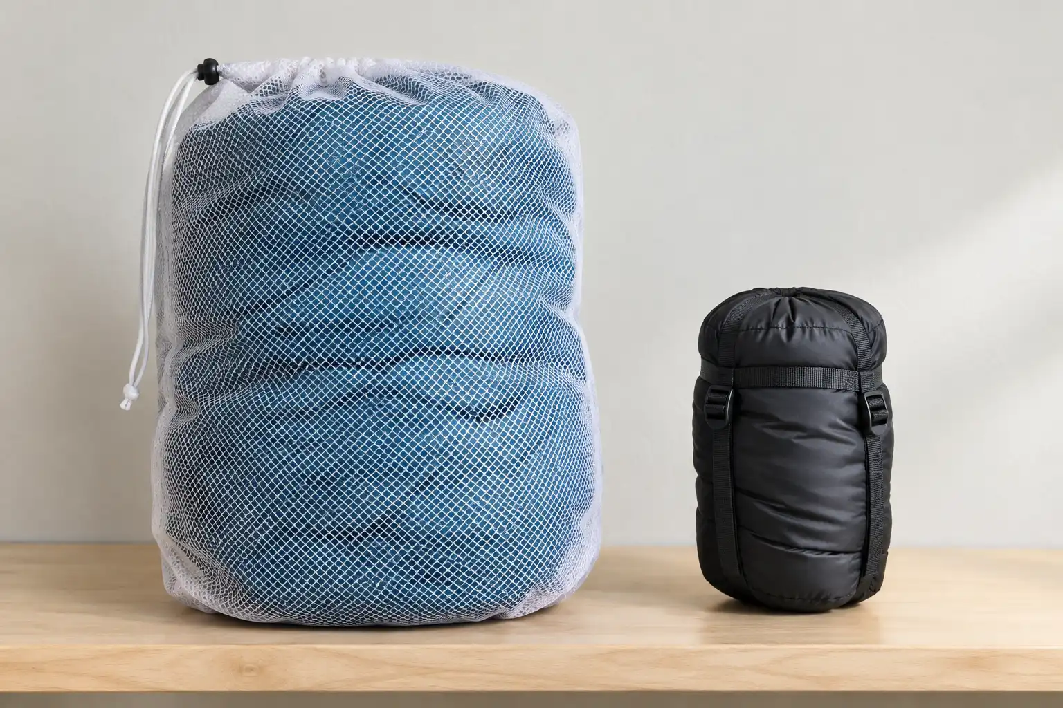 Comparison photo of a synthetic sleeping bag stored loosely in a large breathable mesh sack next to the same bag crushed inside a small compression sack