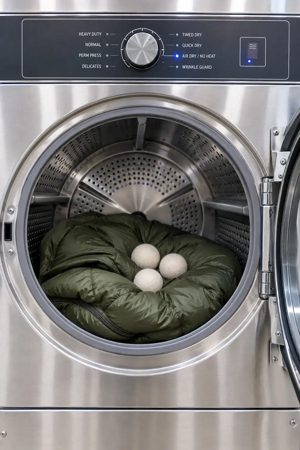 Synthetic sleeping bag inside a large front loading dryer drum with three wool dryer balls, control panel set to the no heat air cycle