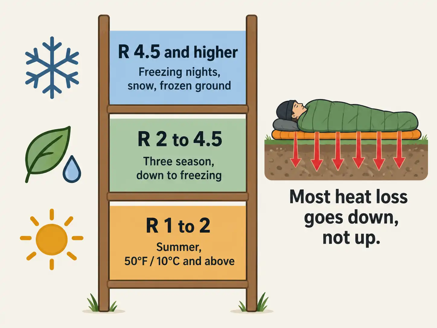 Chart matching sleeping pad R values from 1 to 6 against summer, three season and freezing night temperatures