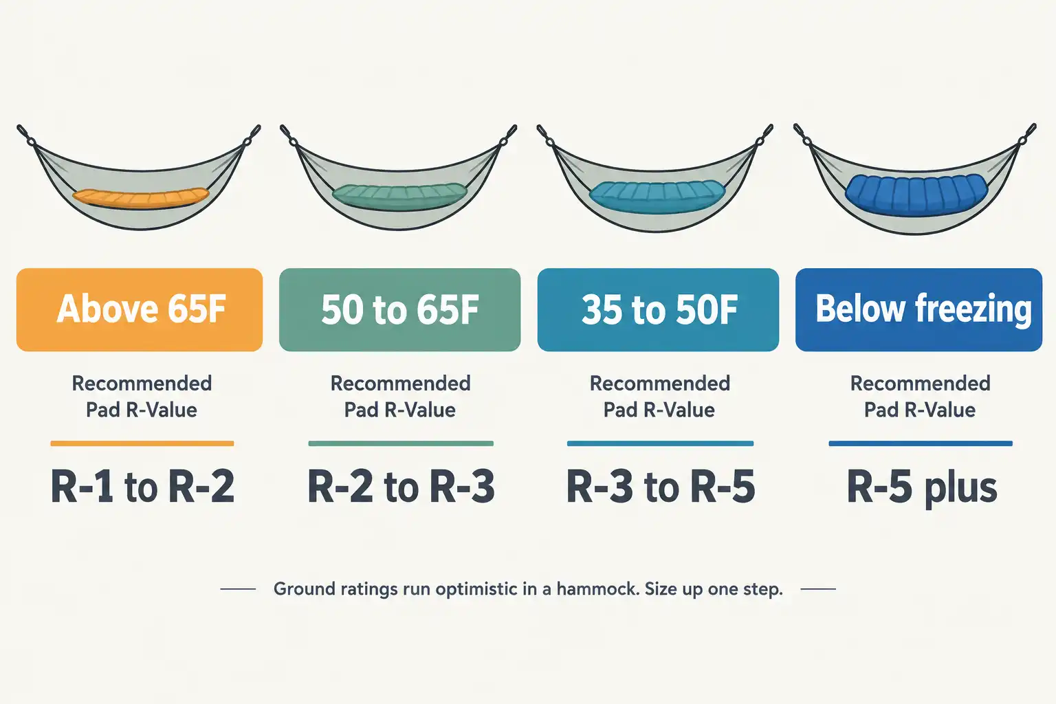 Chart matching sleeping pad R values to hammock night temperatures, from mild summer nights through below freezing
