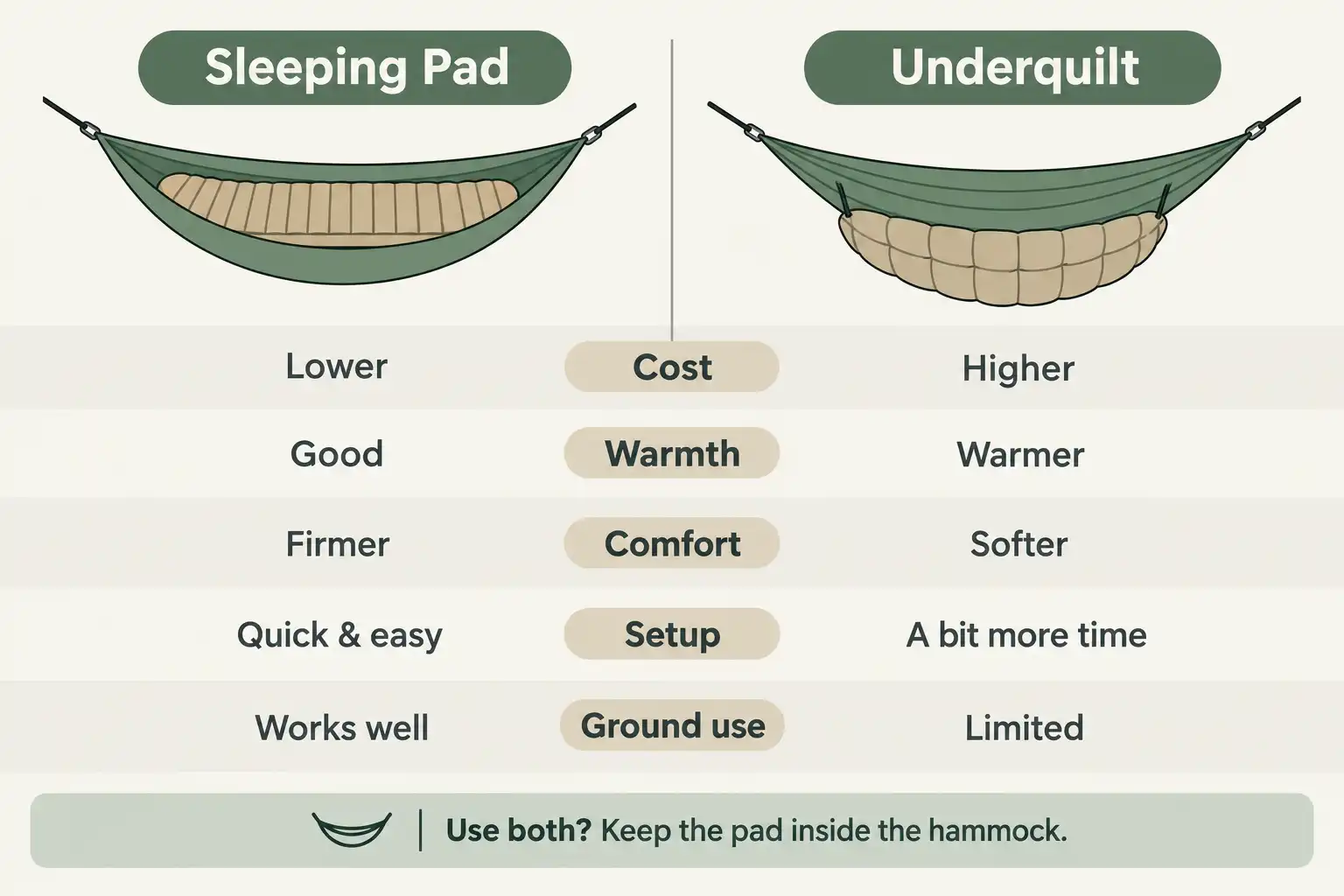 Side by side comparison chart of a sleeping pad and an underquilt showing cost, warmth, comfort, setup, and ground use for hammock camping