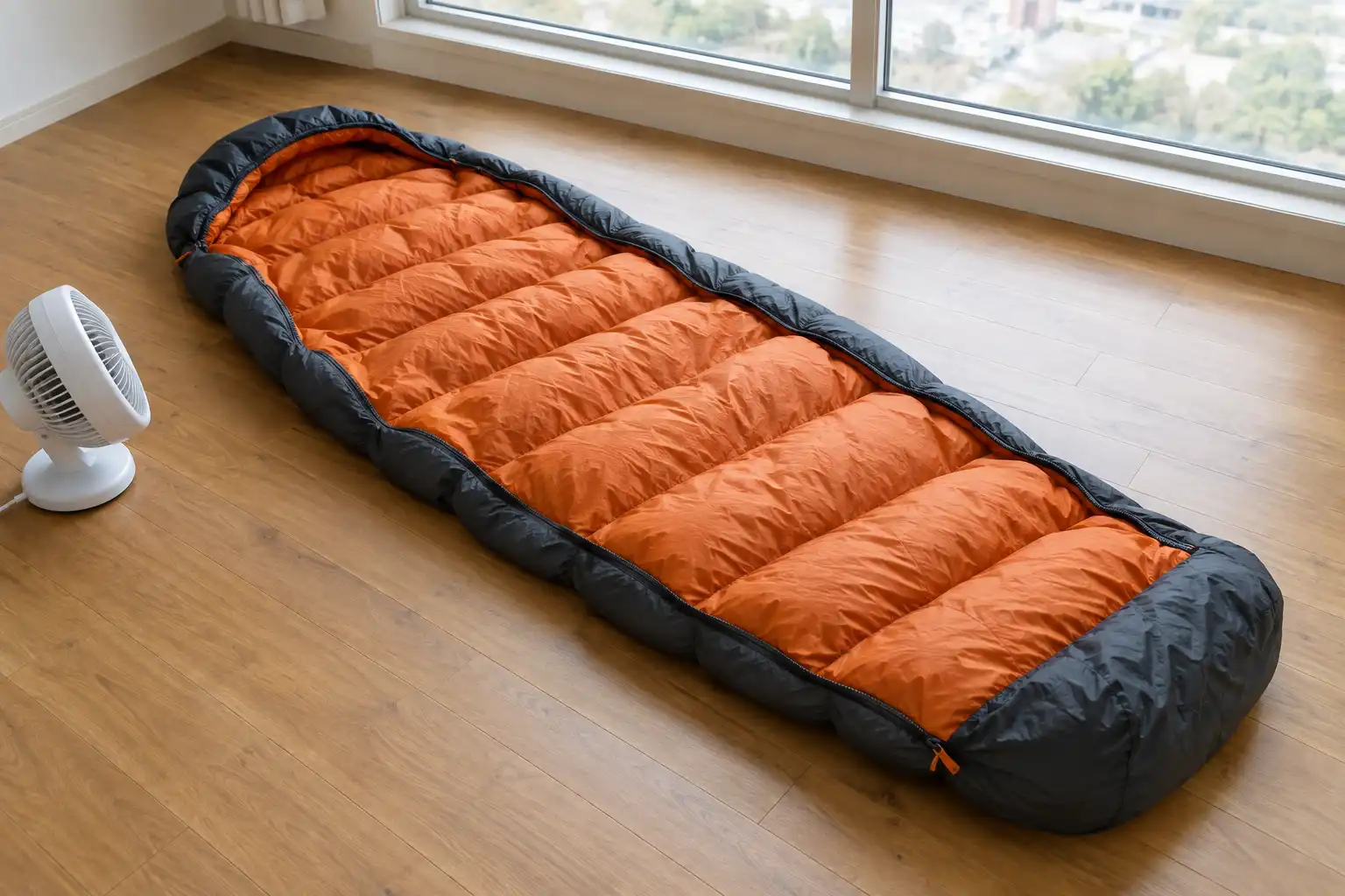 Unzipped synthetic sleeping bag laid out fully open on a wooden floor beside a small fan to help it regain loft