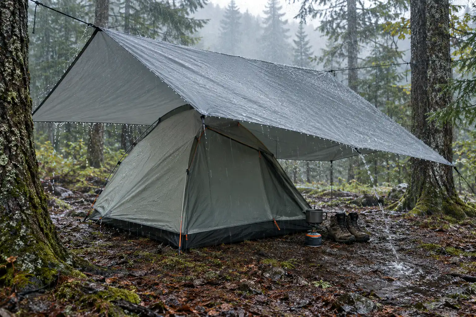 Grey tarp strung on a ridgeline at a steep angle above a tent, shedding rain clear of the tent walls