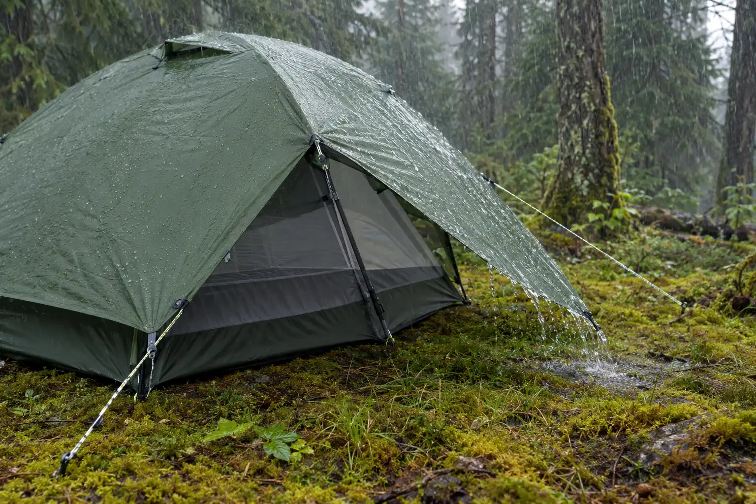 Rainfly guyed out tight at an angle so rainwater drips well away from the tent wall and floor seam