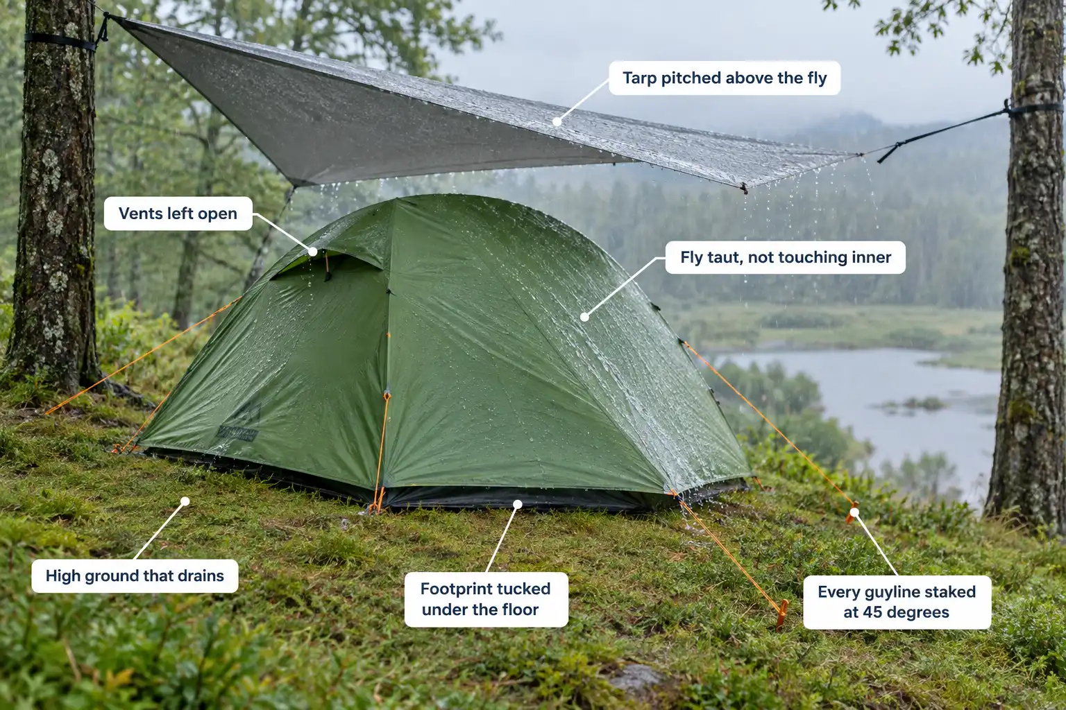 Tent on raised ground in steady rain with labels marking the taut rainfly, angled stakes, tucked footprint, overhead tarp and open vent