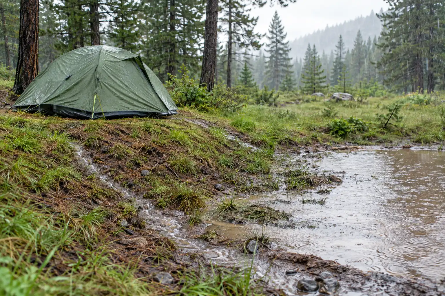 Two camping spots compared in the rain, one tent on raised ground staying dry and a flooded hollow nearby