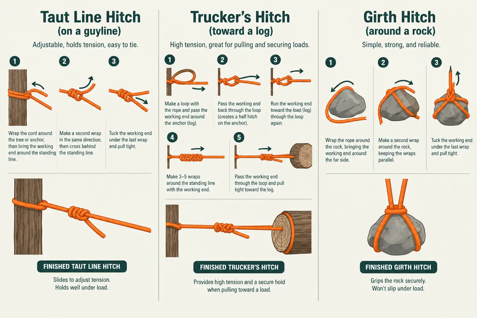 Step by step diagram of a taut line hitch, a trucker's hitch and a girth hitch tied in orange cord