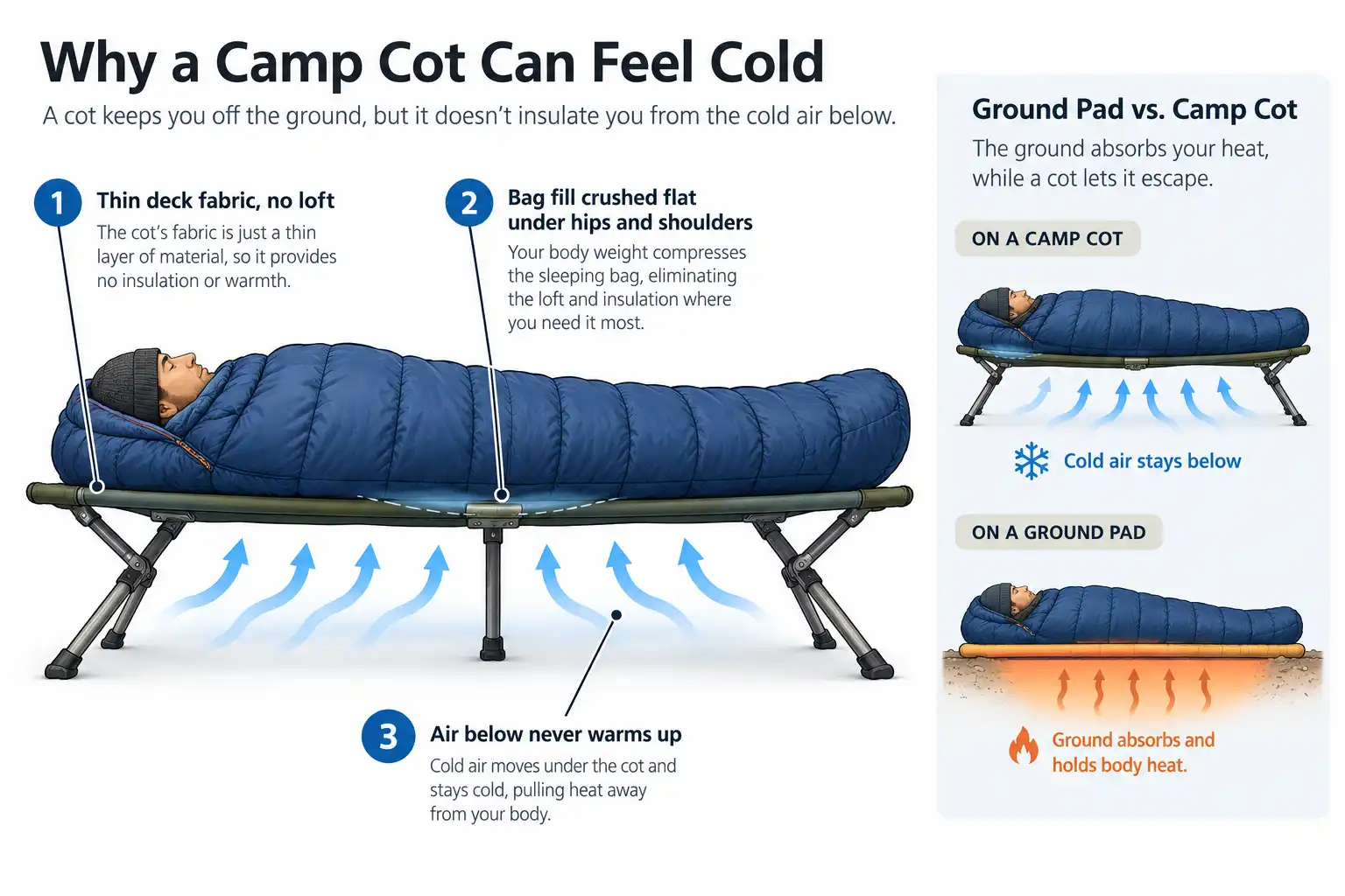 Diagram showing heat escaping a cot sleeper through thin deck fabric, compressed sleeping bag fill under the hips, and moving air beneath the frame